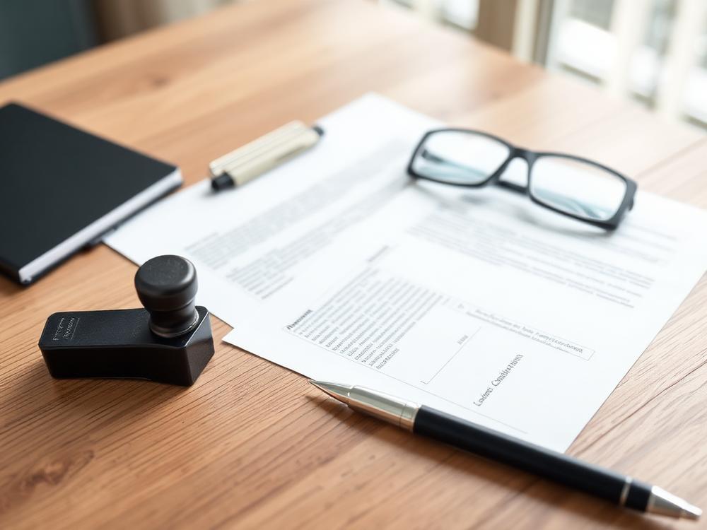 Business registration documents, stamp and pen on a wooden desk