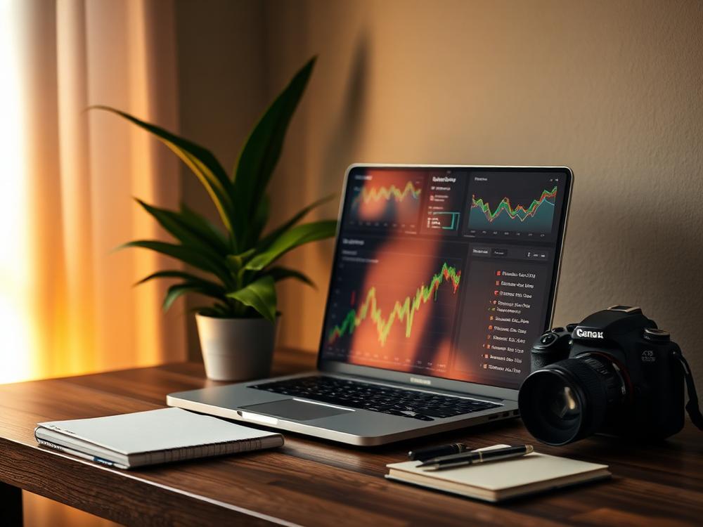 Creative studio desk with laptop showing a marketing analytics dashboard
