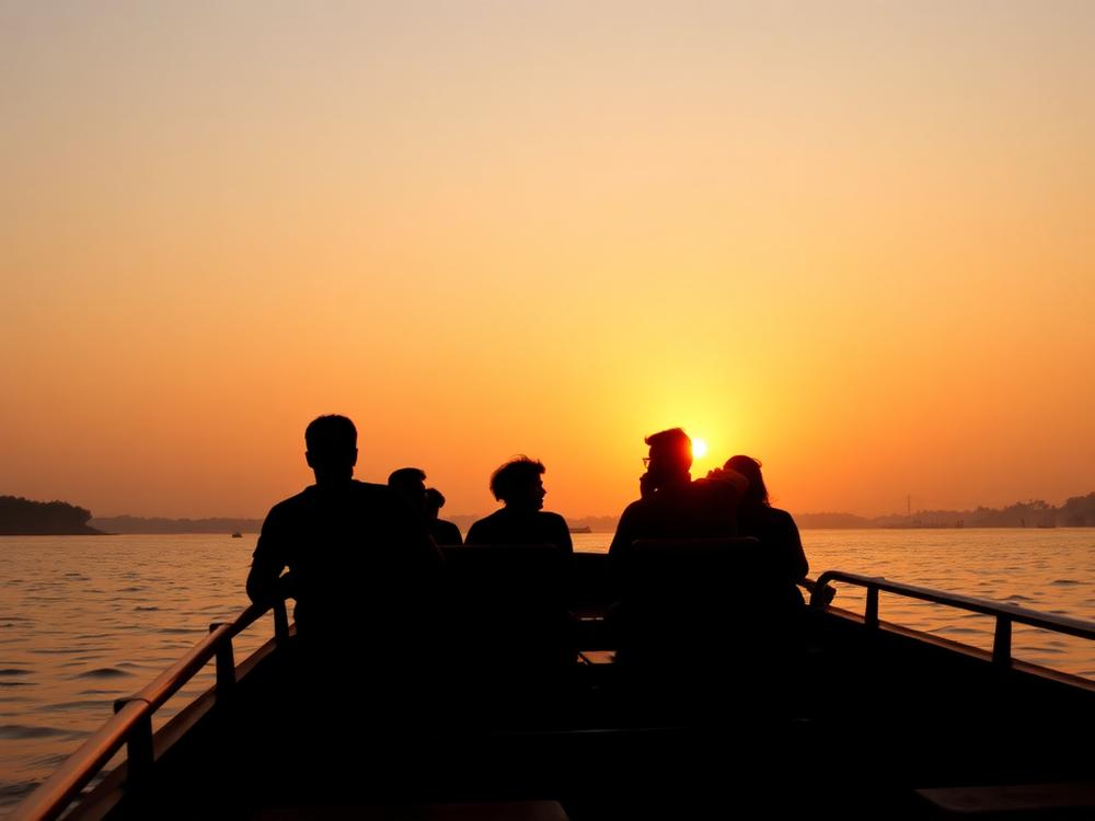 Sunset river cruise in Goa with travellers silhouetted against orange sky