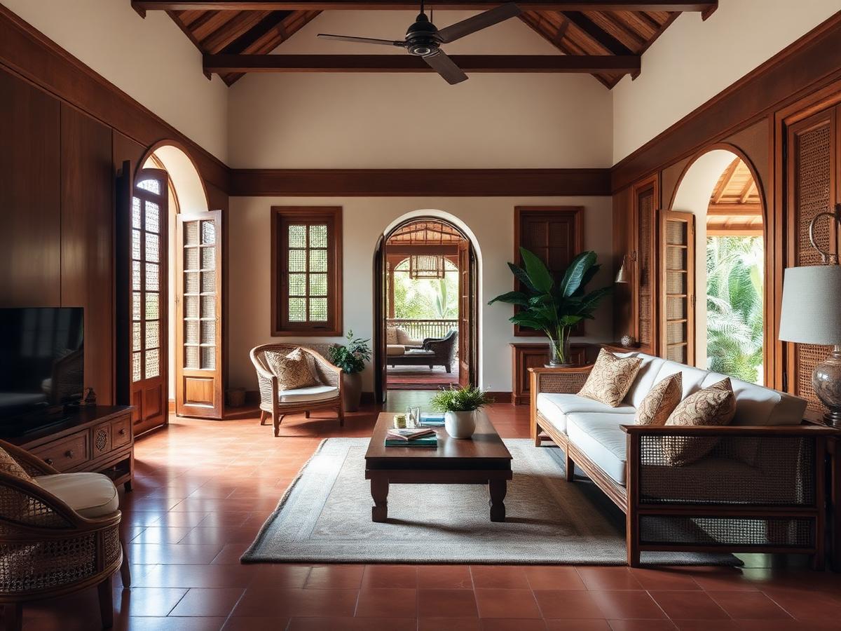 Goan villa living room with teak wood and cane furniture designed by Susegad Interiors