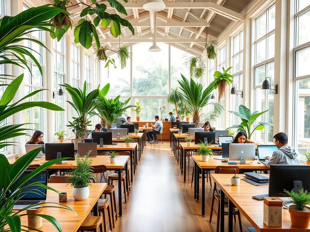 Bright tropical co-working space in Goa with wooden desks and plants