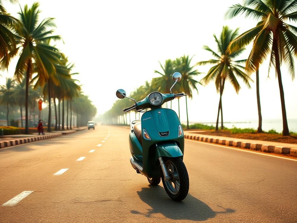 Scooter parked on a palm-lined coastal road in Goa